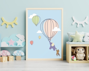 Cute Hot Air Balloons Digital Art Print, Kids Nursery Wall Art, Kids Room Art Decor, Baby Elephant Monkey Graphic Prints, Baby Room Wall Art