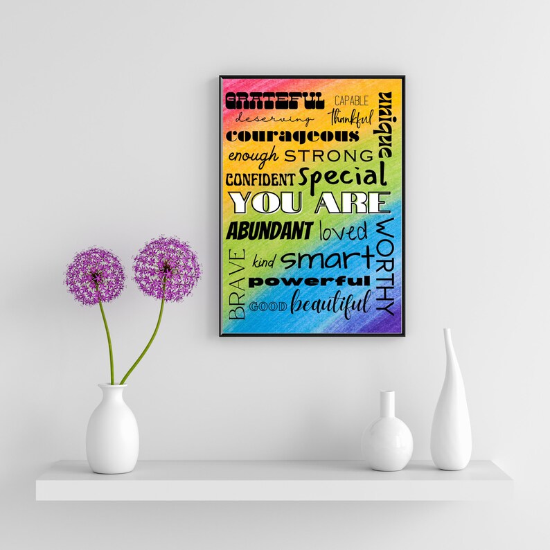 Inspiring Affirmations Printable Wall Art Rainbow Teal and Pink ...