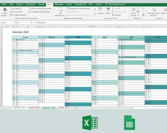 May include: A calendar for the year 2024, with each month displayed in a separate column. The calendar is in German and shows the days of the week in German. The calendar is in a spreadsheet format.