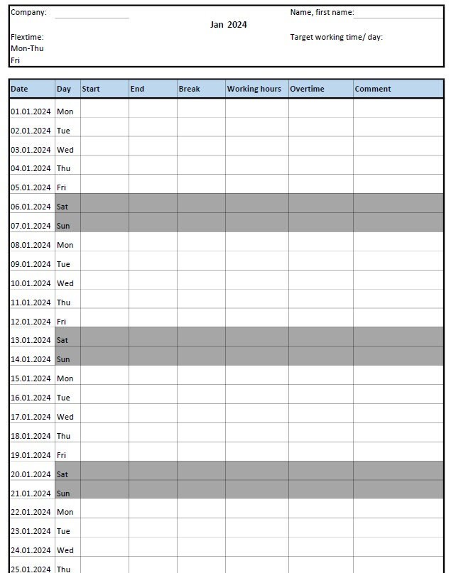 Timesheet Working Time to Print Out Yourself, DIN A4 Excel, Pdf-file ...