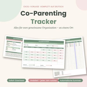 Könnte beinhalten: Eine digitale Excel-Vorlage für einen Co-Parenting-Tracker in Grün und Weiß. Das Dokument enthält einen Pflegekalender, Ausgabenprotokolle und Kontaktinformationen, die für die gemeinsame Organisation der Familie strukturiert sind.