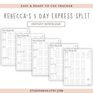 May include: Five printable workout trackers, titled "Rebecca's 5 Day Express Split." The trackers are white with black text and lines for recording exercises. The image includes the text "Easy & Ready to Use Tracker" and "Instant Download."