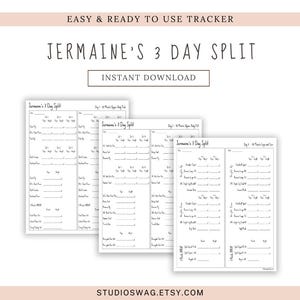 Peut inclure: Un suivi d'entraînement imprimable intitulé "Jermaine's 3 Day Split" en texte noir. Le suivi est divisé en trois sections, chacune avec une colonne pour "Jour 1", "Jour 2" et "Jour 3". Chaque colonne a de l'espace pour lister les exercices et les séries.