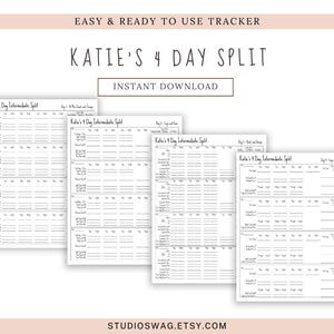 Könnte beinhalten: Ein digitaler Trainingsplan mit dem Titel Katie's 4 Day Split, bestehend aus vier druckbaren Seiten mit schwarzem Text auf weißem Hintergrund. Jede Seite enthält Abschnitte für Übungen, Sätze, Wiederholungen und Gewichte, sortiert nach Tagen.