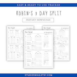 Könnte beinhalten: Ein druckbarer Trainingstracker mit dem Titel "Robin's 3 Day Split" und dem Text "Easy & Ready to Use Tracker" und "Sofortiger Download". Der Tracker ist in drei Abschnitte unterteilt, jeder mit einer anderen Trainingsroutine.