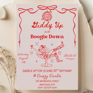 Faire-part d'anniversaire étourdissant et boogie down, carte d'invitation modèle modifiable disco/cowgirl, imprimable, personnalisé, bricolage, personnalisé, numérique