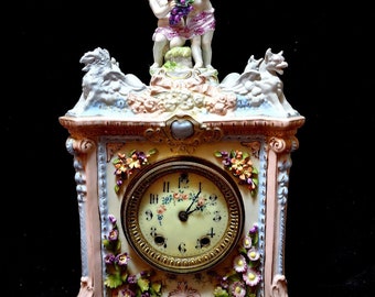 Vintage Dresden Mantel Clock - Two Cherubs and Flower Details - Made in West Germany