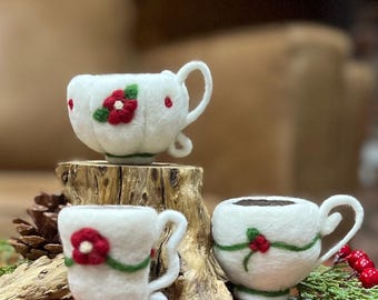needle felted Set of 3 Tea Cups, Mother's Day, Christmas Ornaments, mini tea cups