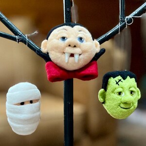 needle felted Halloween ornaments, mummy, vampire, frankenstein, classic horror movies, family friendly