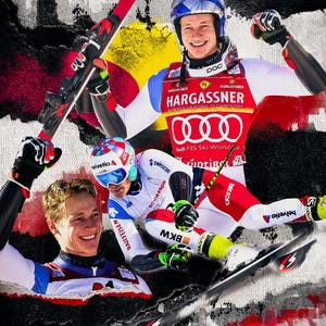 Könnte beinhalten: Collage mit drei Bildern eines Skifahrers in Aktion. Der Skifahrer trägt einen weißen und roten Skianzug, einen blauen Helm und Skier. Der Hintergrund hat ein strukturiertes, abstraktes Design mit dem Text "MARCO ODERMATT".