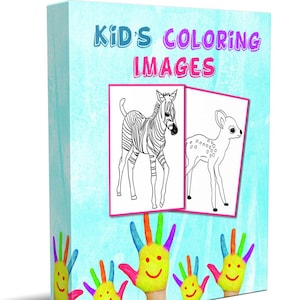 Puede incluir: Páginas para colorear en blanco y negro con un cebra y un ciervo. Las páginas están rodeadas de huellas de manos coloridas con caras sonrientes. El texto "Kid's Coloring Images" está en la parte superior de la imagen.