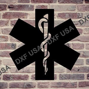 May include: Black metal medical symbol with a snake wrapped around a rod. The symbol is a six-pointed star with rounded points.