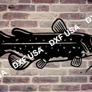 May include: Black and white silhouette of a catfish with a whisker, against a brick wall background.