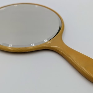 Celluloid Hand Mirror | Vintage 1920s | Yellow French Ivory | Ribbed Back | Art Deco Dresser Mirror | Round, Beveled Glass