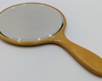 Celluloid Hand Mirror | Vintage 1920s | Yellow French Ivory | Ribbed Back | Art Deco Dresser Mirror | Round, Beveled Glass