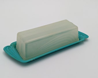 Vintage 1950s | A Royal Product | Turquoise Blue | Plastic Butter Dish with Clear Lid | Art Deco Swirls, Streamline Moderne | Made in USA