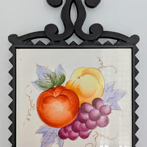 Vintage c. 1960s / 1970s | FM | Japan | Cast Iron Trivet | Hand-Painted Ceramic Tile | Mediterranean Motif | Grapes, Apple, Yellow Plum