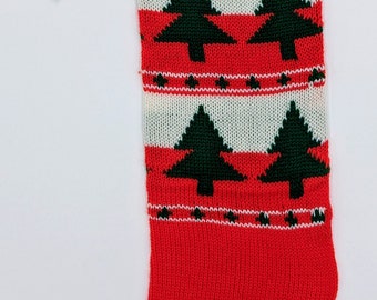 Machine Knit Christmas Stocking Retro Christmas Vintage 1970s Christmas Tree Motif Red White Green White Pompom ONLY 1