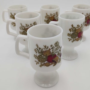 Federal Glass | Spice of Life | Vintage 1970s | Milk Glass | 6 Footed Pedestal Mugs | Mushroom, Artichoke, Harvest | Homespun, Cottage Core