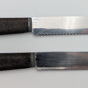 Vintage c. 1960s | INTEDGE | Made in France | Stainless Steel | Serrated Butter Knives (2) | Rough Heavyweight Plastic Handle - Very Unusual