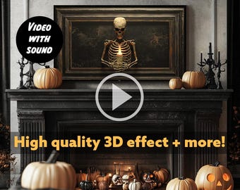 May include: A black fireplace mantel with a television screen displaying a Halloween animation of a skeleton holding a candle. The television is framed in a dark wood frame. There are pumpkins and candles on the mantel. The text "VIDEO WITH SOUND" is in a white box on the left side of the image. The text "High quality 3D effect + more!" is at the bottom of the image.