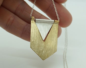 Mixed Metal Sterling Gold & Silver Flag Pendant Necklace | Silver Necklace | Gold Modern Necklace