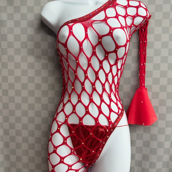 RED FISHNET BODYSUIT