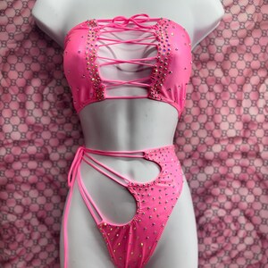 Exotic Dance Stripper Outfit Neon Pink Tube Top and Bikini Two-piece Set