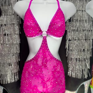 Exotic Stripper Dance Outfit Hot Pink Fishnet One-piece Romper w/ Thong