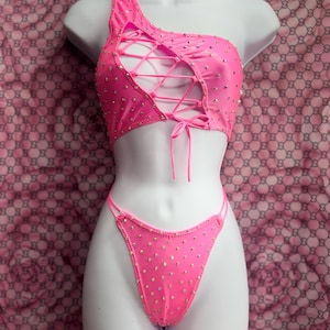 Exotic Stripper Dance Outfit 2-Piece Neon Pink Off-Shoulder top and Bikini Set