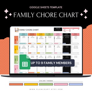 May include: A Google Sheets template for a family chore chart. The chart is color-coded and includes a section for up to 9 family members. The chart is designed to help families stay organized and on top of their chores. The text "FAMILY CHORE CHART" is displayed in large, bold letters at the top of the chart.