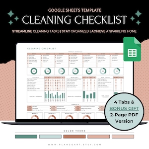 Puede incluir: Una plantilla de Google Sheets para una lista de verificación de limpieza. La plantilla incluye un horario semanal, tareas de limpieza mensuales, trimestrales y semestrales. La plantilla también incluye un tema de color con colores verde, azul y marrón. El texto "4 Tabs & Bonus Gift 2-Page PDF Version" se muestra en la esquina inferior derecha de la imagen.