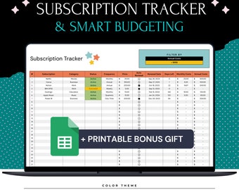 Subscription Tracker Google Sheets Template, Subscription Organizer, Financial Planner Tools Spreadsheet, Membership Tracker Spreadsheet