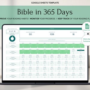 May include: A Google Sheets template for a Bible reading plan. The template includes a progress tracker, a daily reading schedule, and a quote for the day. The text on the template reads "Bible in 365 Days" and "Improve your reading habits | Monitor your progress | Keep track of your reading plan".