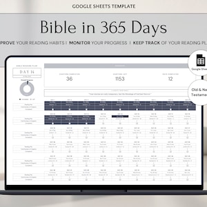 May include: A laptop screen displays a Google Sheets template titled "Bible in 365 Days." The template includes sections for tracking reading progress, with the text "Improve Your Reading Habits, Monitor Your Progress, Keep Track of Your Reading Plan."