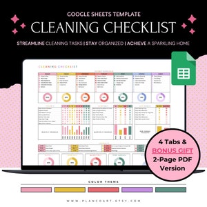 May include: A Google Sheets template for a cleaning checklist. The template has four tabs: Daily, Weekly, Monthly, and Quarterly. The template includes a colour theme with pink, yellow, green, and purple. The template also includes a bonus gift of a 2-page PDF version.