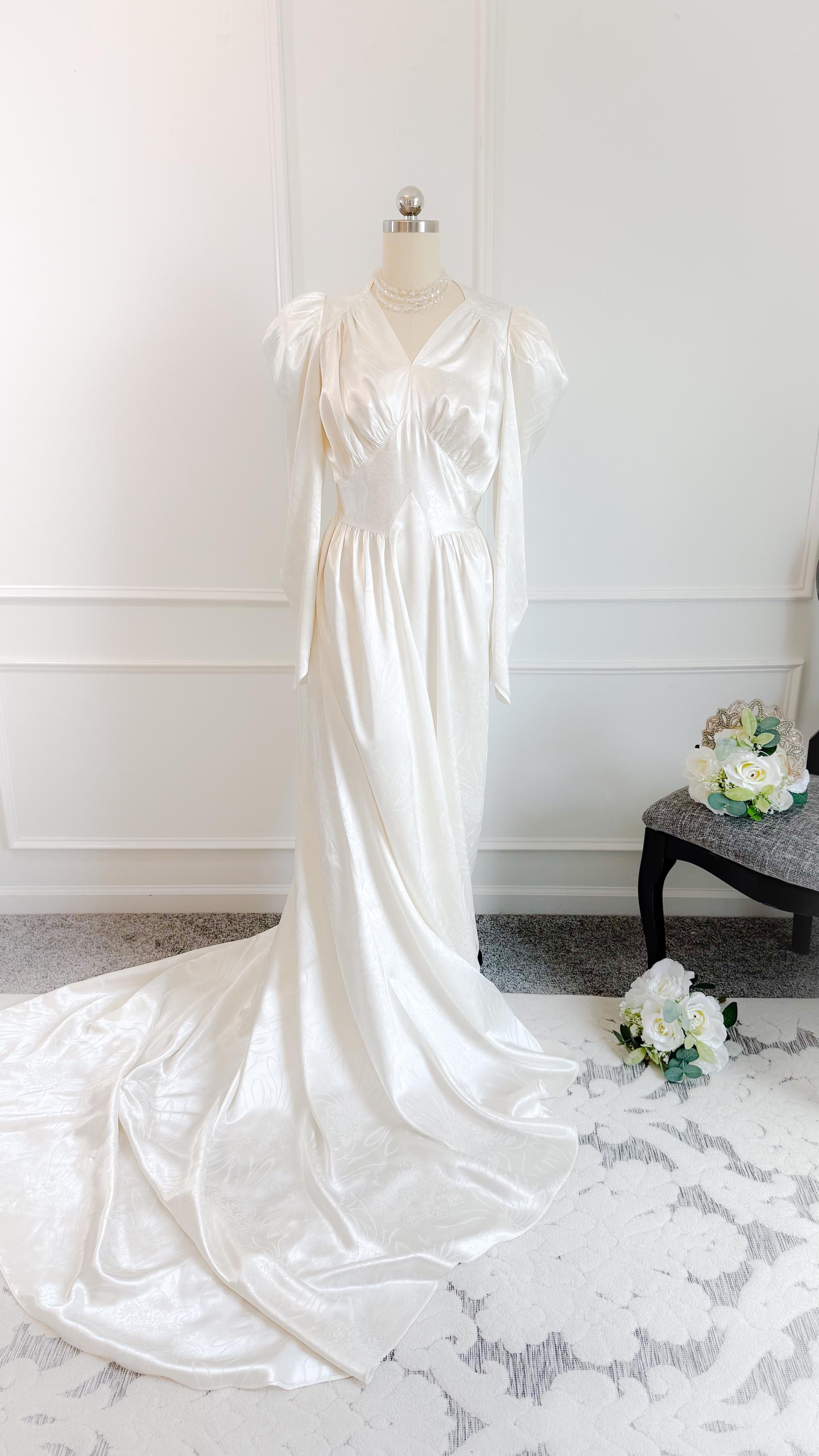 1940s Satin Floral Vintage Wedding Gown Dress Gimbals Store  Fully Restored Liquid Satin/ Women’s size