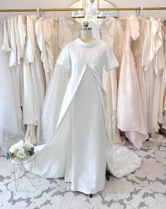 1960s Linen Style Vintage Wedding Dress High Neck, Watteau Train, Restored , Jackie Kennedy Style
