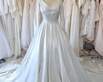 1950s Heirloom Wedding Gown , Champagne Slipper Satin Ball Gown  , Cathedral Train, Professionally Cleaned