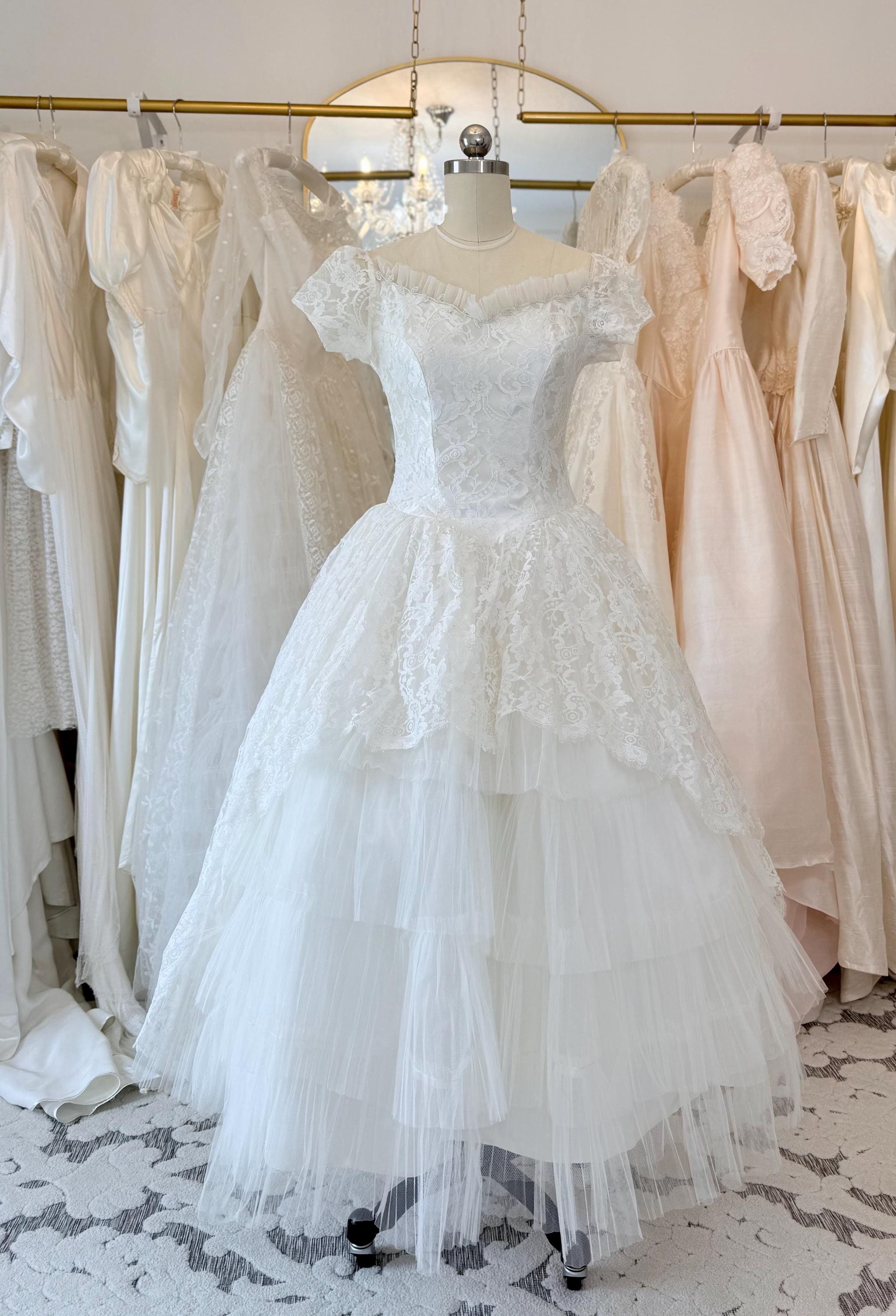 chinese dress ladies 50s Inspired Tea Length Wedding Dress from Alencon Scalloped Lace