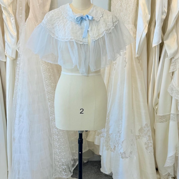 1950s Vintage Blue Bed Jacket, Tulle Lace Trim Caplet