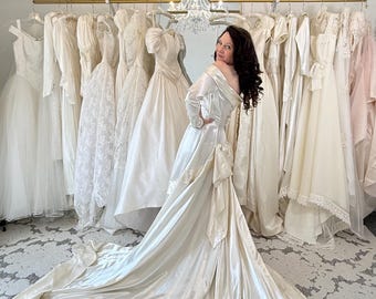 1940s Vintage Liquid Satin Wedding Gown/ Dress,  Cathedral Train,  Off the shoulder , Elegant Old Hollywood