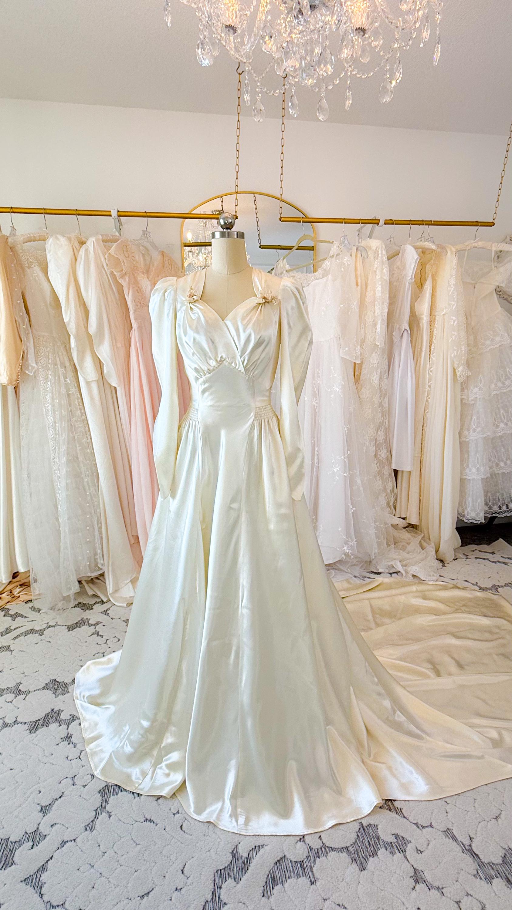 1940s Slipper Satin Wedding Gown with Floral Adornments (US Size 4-6) / Restored, Cleaned