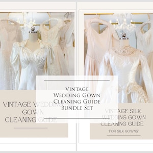 Può includere: Un set di guide digitali con due abiti da sposa bianchi su manichini. Il testo recita: Vintage Wedding Gown Cleaning Guide Bundle Set, Vintage Wedding Gown Cleaning Guide e Vintage Silk Wedding Gown Cleaning Guide for Silk Gowns.