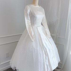 1950s Vintage Satin & Spitze wadenlanges Brautkleid, XS / SM