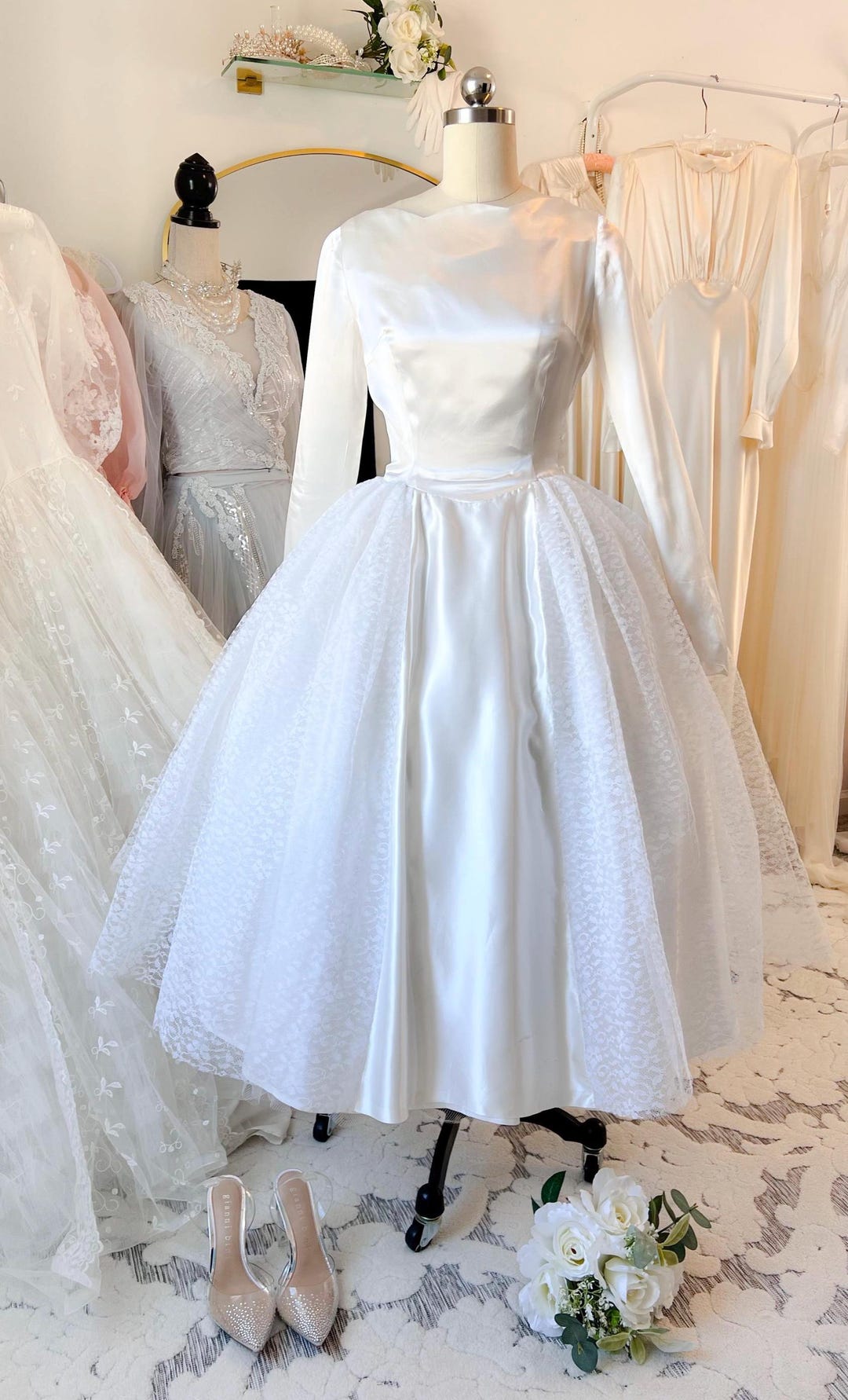 vintage style tea length wedding dress 50s Inspired from Alencon Scalloped Lace regular sizes 2 to 16 and plus sizes 16w to 26W Retro 50s Inspired Long Sleeves