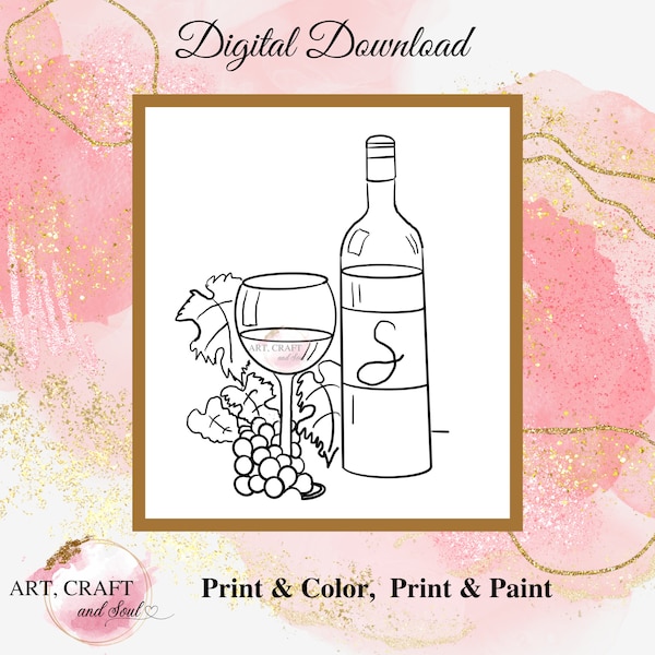 DIY Paint Party, Sip And Paint, Adult Paint Party, Paint And Sip, Pre-Drawn Canvas, Paint Party Template, “Wine Bottle Glass And Grapes”