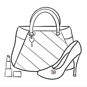 Puede incluir: Ilustraci&oacute;n en blanco y negro de un bolso con asa, un zapato de tac&oacute;n alto y pintalabios. El bolso tiene un patr&oacute;n de rayas y un charm en forma de coraz&oacute;n. El zapato tiene un detalle floral.