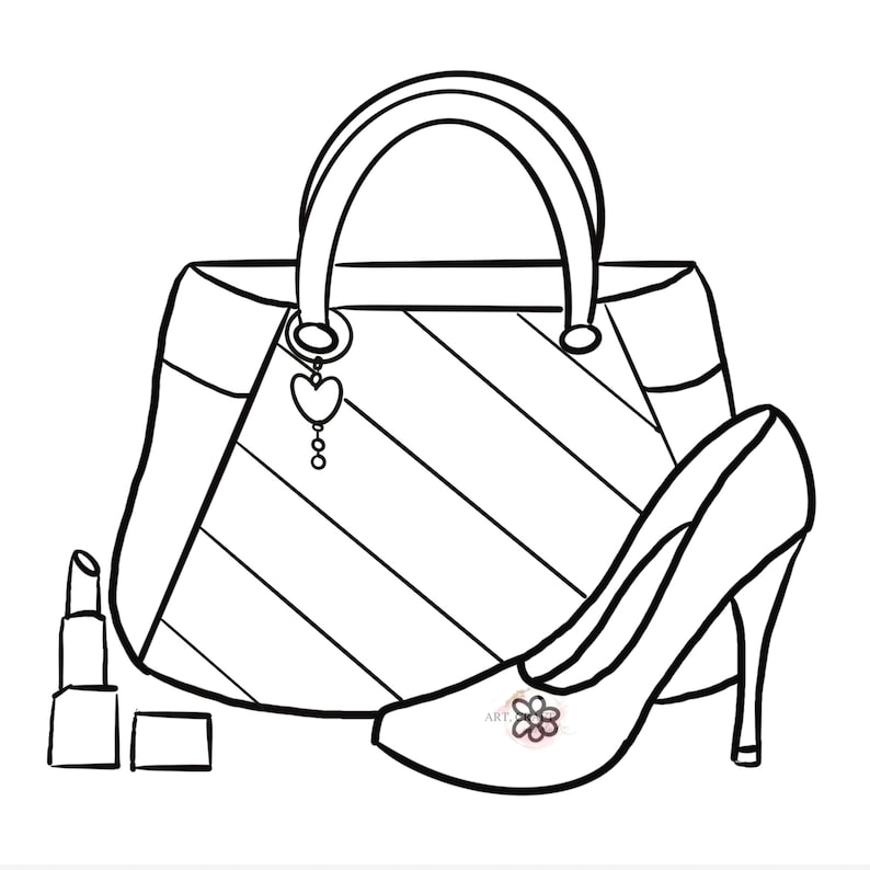 Puede incluir: Ilustraci&oacute;n en blanco y negro de un bolso con asa, un zapato de tac&oacute;n alto y pintalabios. El bolso tiene un patr&oacute;n de rayas y un charm en forma de coraz&oacute;n. El zapato tiene un detalle floral.