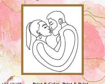 Kissing Couple Pre-Drawn Canvas Template, DIY Paint Party (PNG Digital Download)